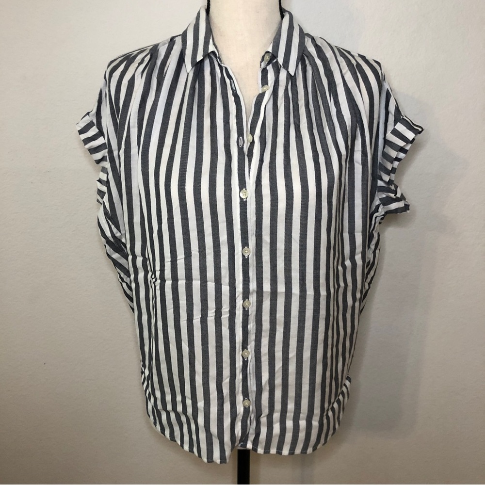 Madewell Striped Button Up Oversized Collared Capped Short Sleeve Top Size XXS